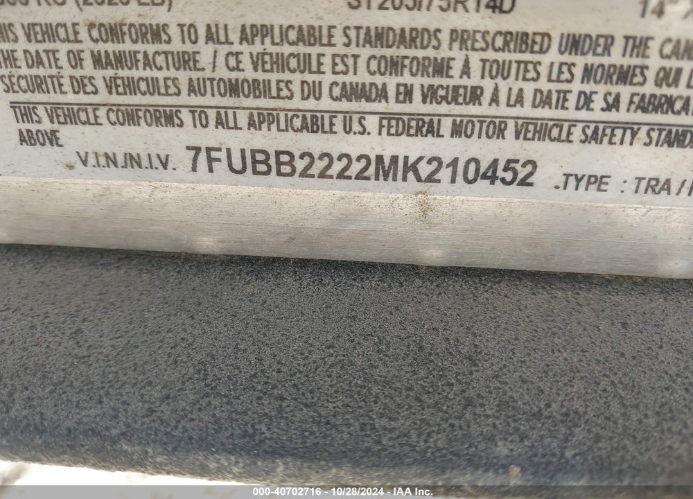2021 SKEETER TRAILER VIN: 7FUBB2222MK210452