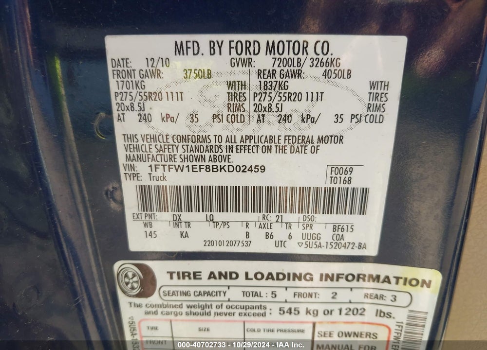 2011 FORD F-150 KING RANCH VIN: 1FTFW1EF8BKD02459