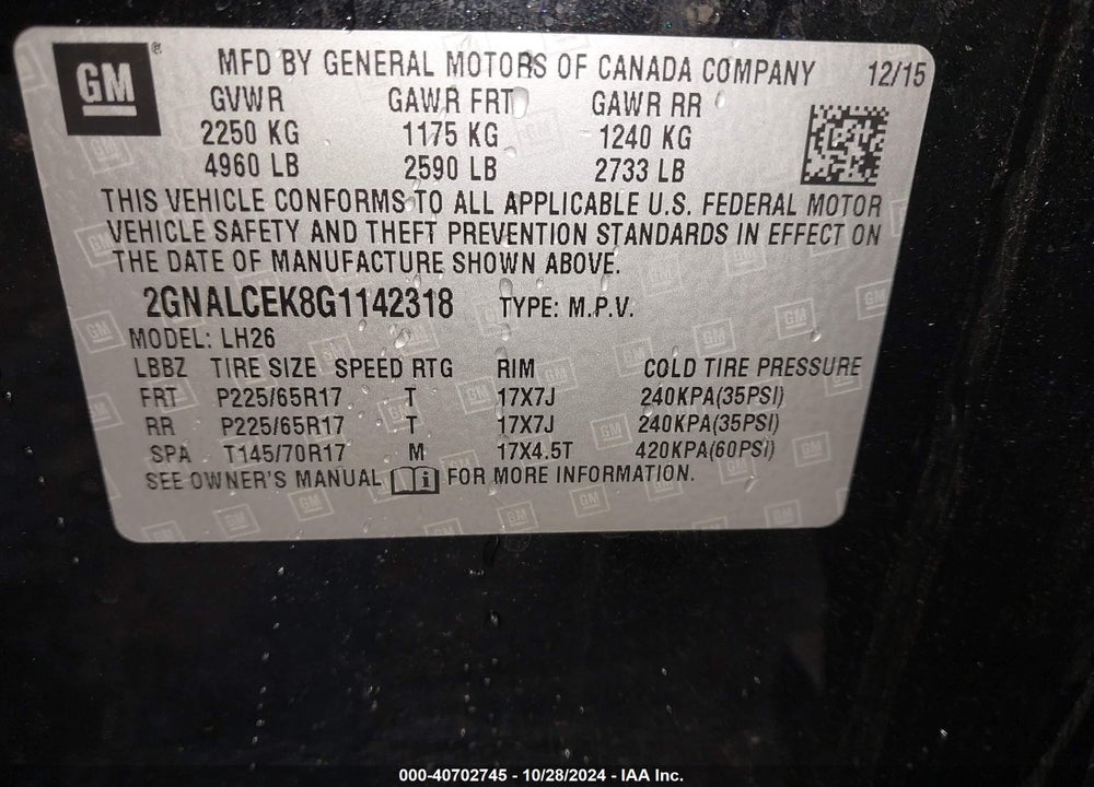 2016 CHEVROLET EQUINOX LT VIN: 2GNALCEK8G1142318