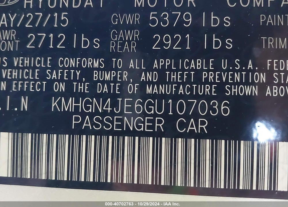 2016 HYUNDAI GENESIS 3.8 VIN: KMHGN4JE6GU107036