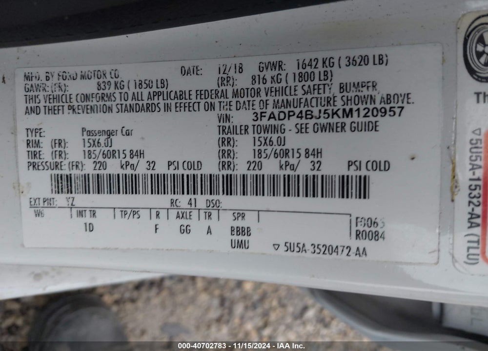 2019 FORD FIESTA SE VIN: 3FADP4BJ5KM120957