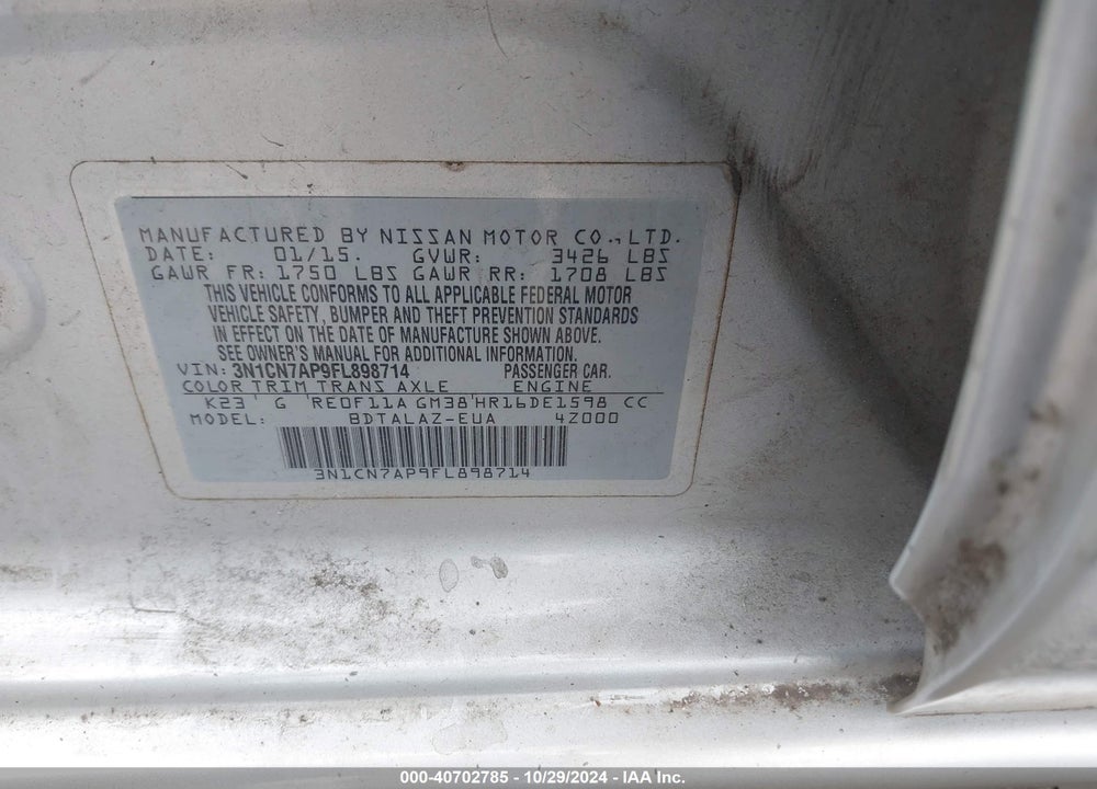 2015 NISSAN VERSA 1.6 S+ VIN: 3N1CN7AP9FL898714