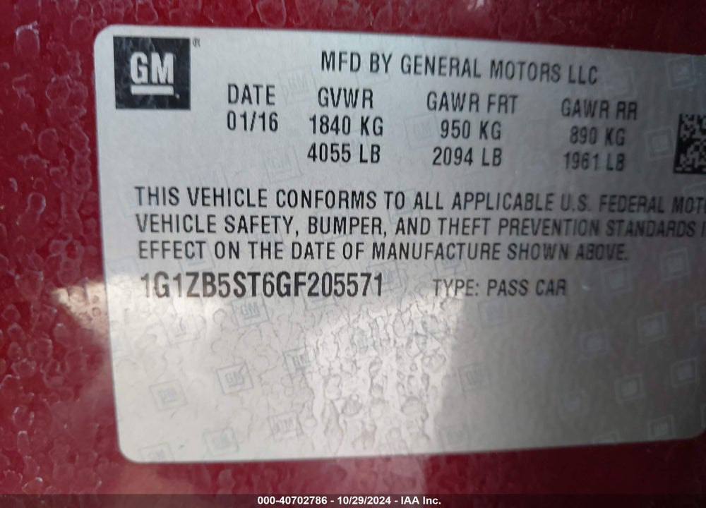 2016 CHEVROLET MALIBU LS VIN: 1G1ZB5ST6GF205571