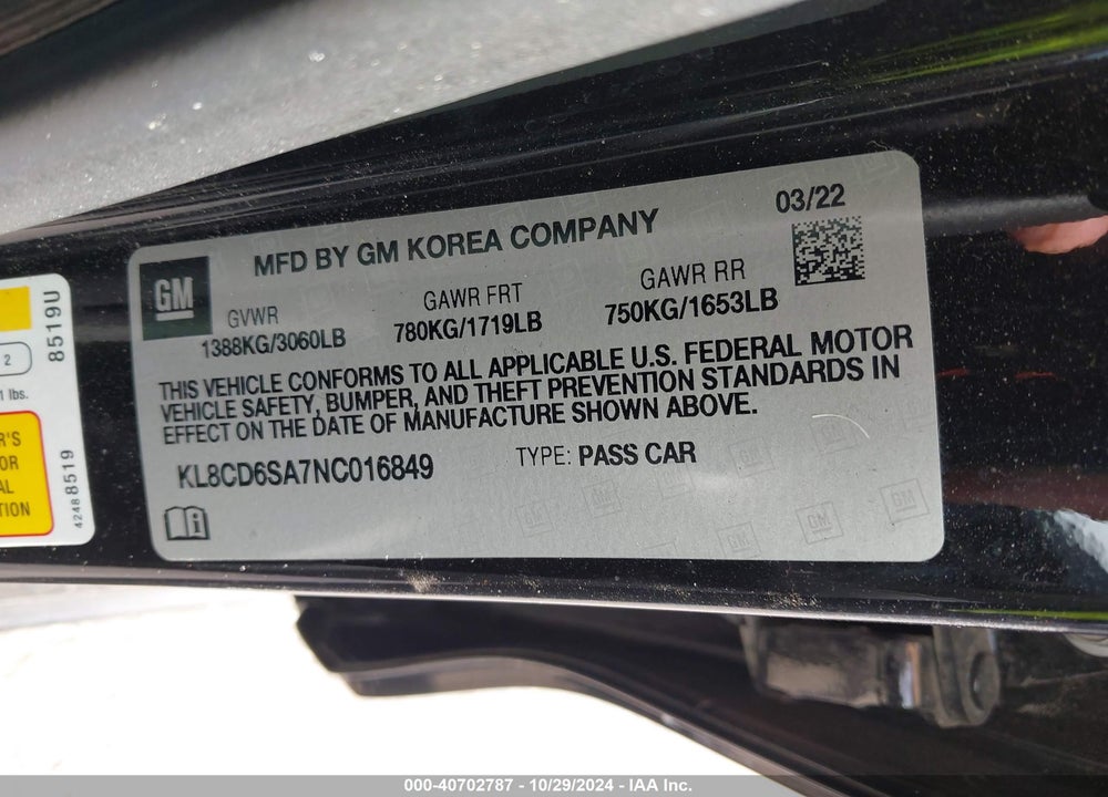 2022 CHEVROLET SPARK FWD 1LT AUTOMATIC VIN: KL8CD6SA7NC016849