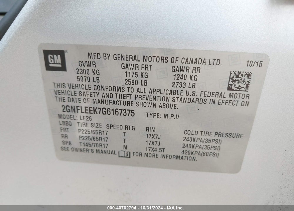 2016 CHEVROLET EQUINOX LS VIN: 2GNFLEEK7G6167375