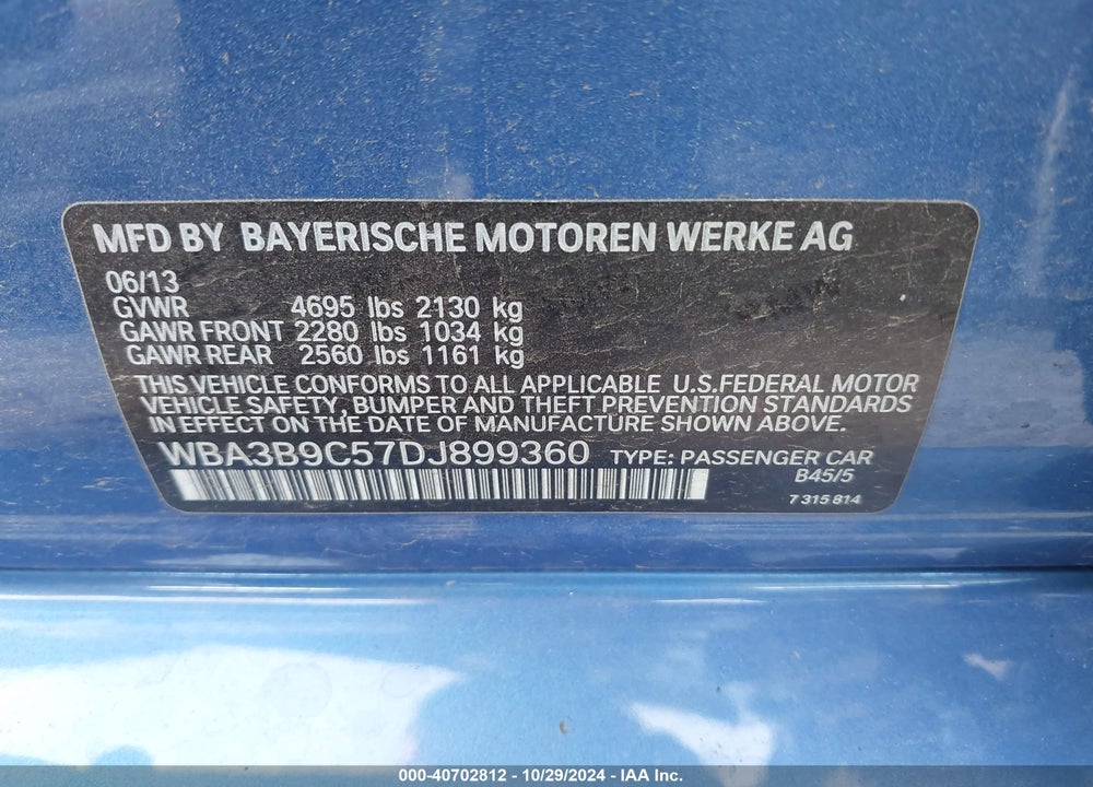 2013 BMW 335I XDRIVE VIN: WBA3B9C57DJ899360