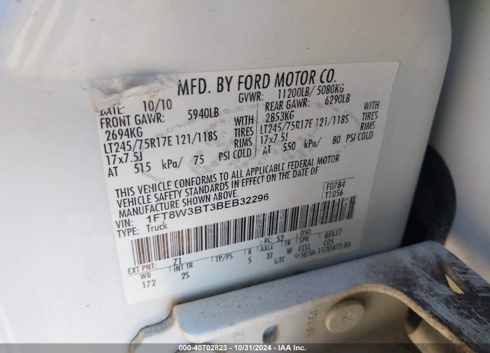 2011 FORD F-350 XL VIN: 1FT8W3BT3BEB32296