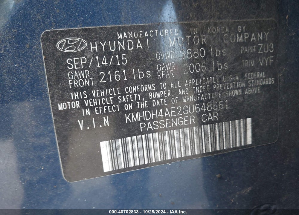 2016 HYUNDAI ELANTRA VIN: KMHDH4AE2GU648661