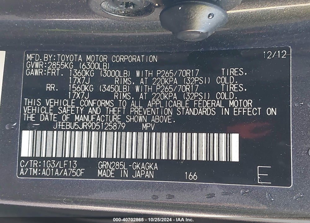 2013 TOYOTA 4RUNNER SR5/LIMITED/TRAIL VIN: JTEBU5JR9D5125879