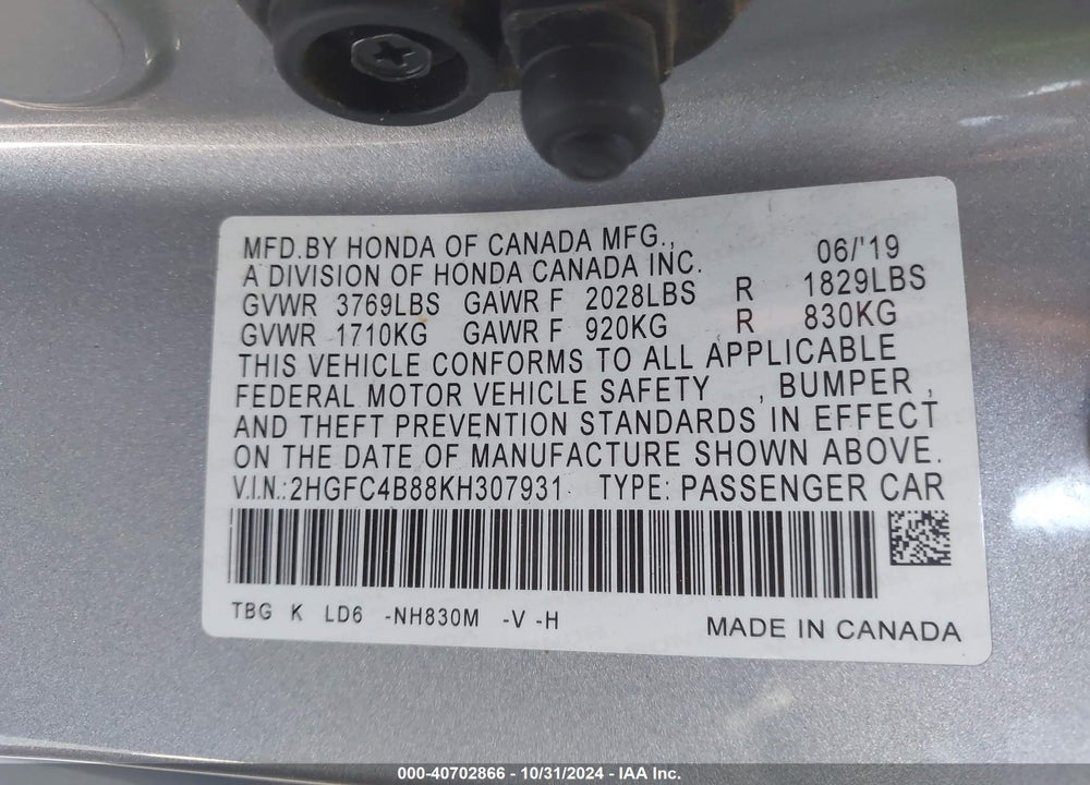 2019 HONDA CIVIC SPORT VIN: 2HGFC4B88KH307931