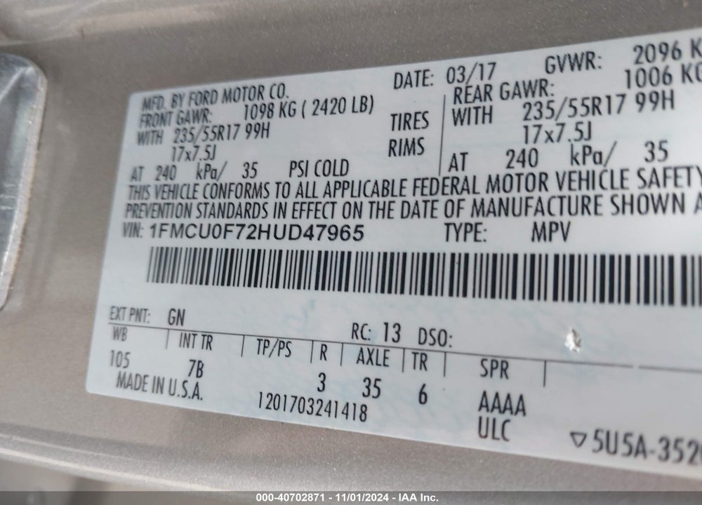 2017 FORD ESCAPE VIN: 1FMCU0F72HUD47965