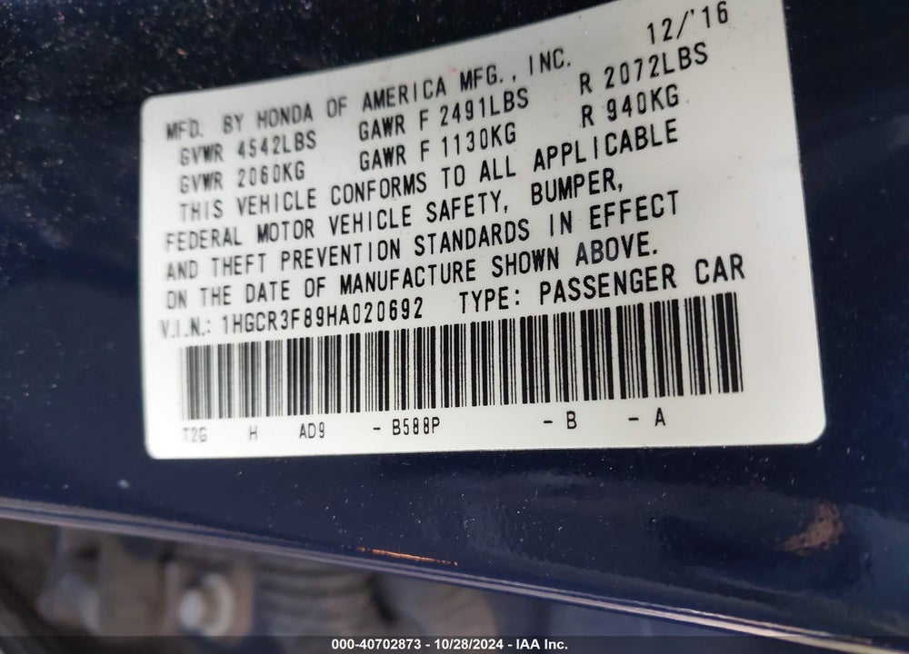 2017 HONDA ACCORD EX-L V6 VIN: 1HGCR3F89HA020692