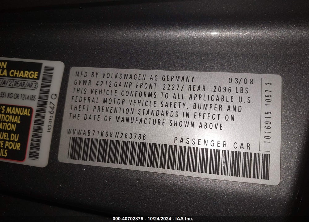 2008 VOLKSWAGEN RABBIT S VIN: WVWAB71K68W263786