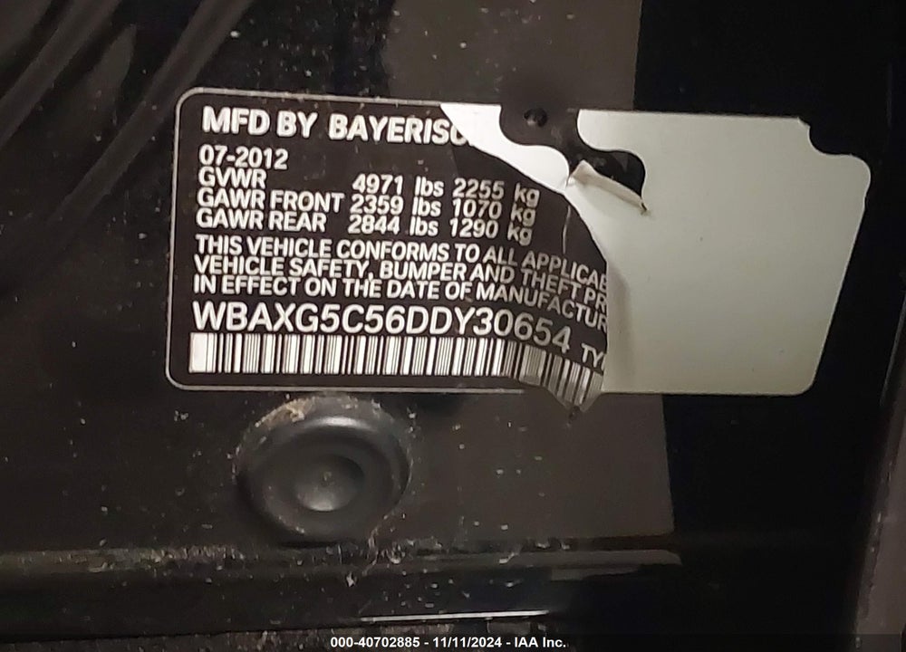 2013 BMW 528I VIN: WBAXG5C56DDY30654