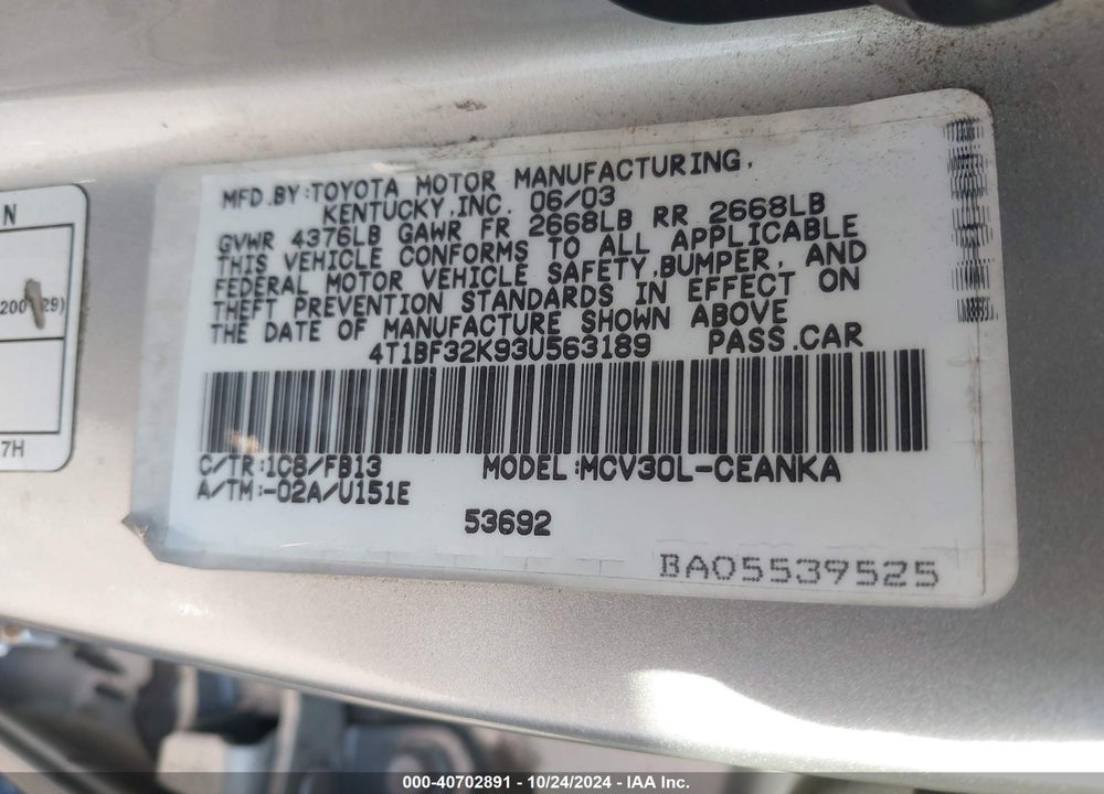 2003 TOYOTA CAMRY LE V6 VIN: 4T1BF32K93U563189