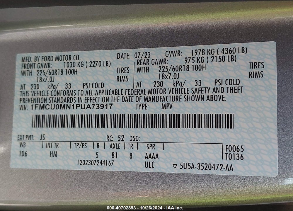 2023 FORD ESCAPE ST LINE VIN: 1FMCU0MN1PUA73917