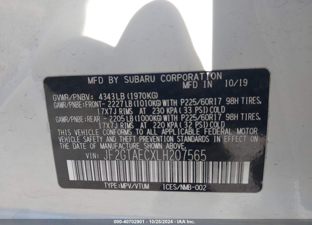 2020 SUBARU CROSSTREK PREMIUM VIN: JF2GTAECXLH207565