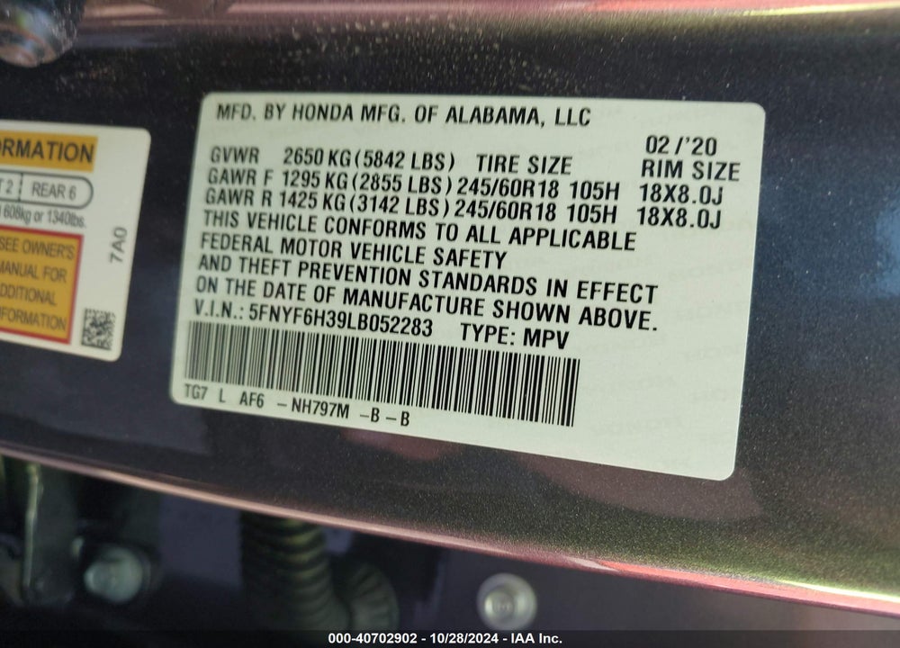 2020 HONDA PILOT AWD EX VIN: 5FNYF6H39LB052283