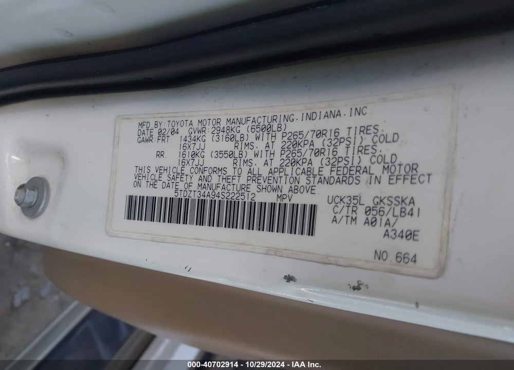2004 TOYOTA SEQUOIA SR5 V8 VIN: 5TDZT34A94S222512