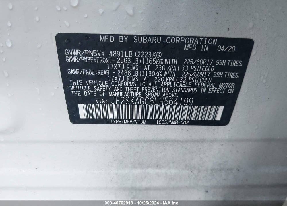 2020 SUBARU FORESTER PREMIUM VIN: JF2SKAGC6LH564199
