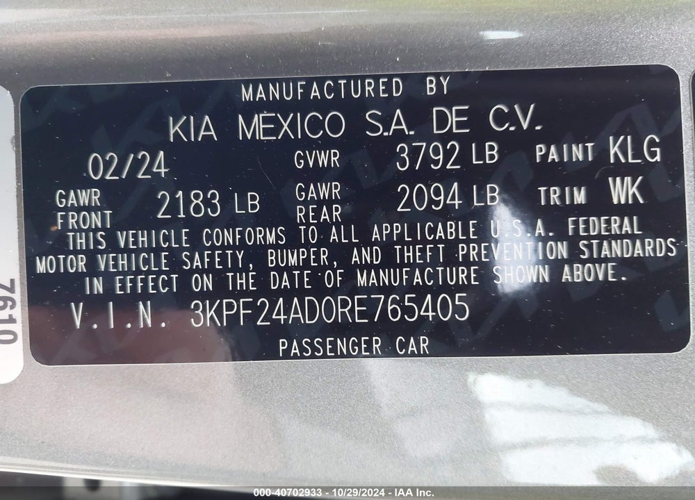 2024 KIA FORTE LXS VIN: 3KPF24AD0RE765405