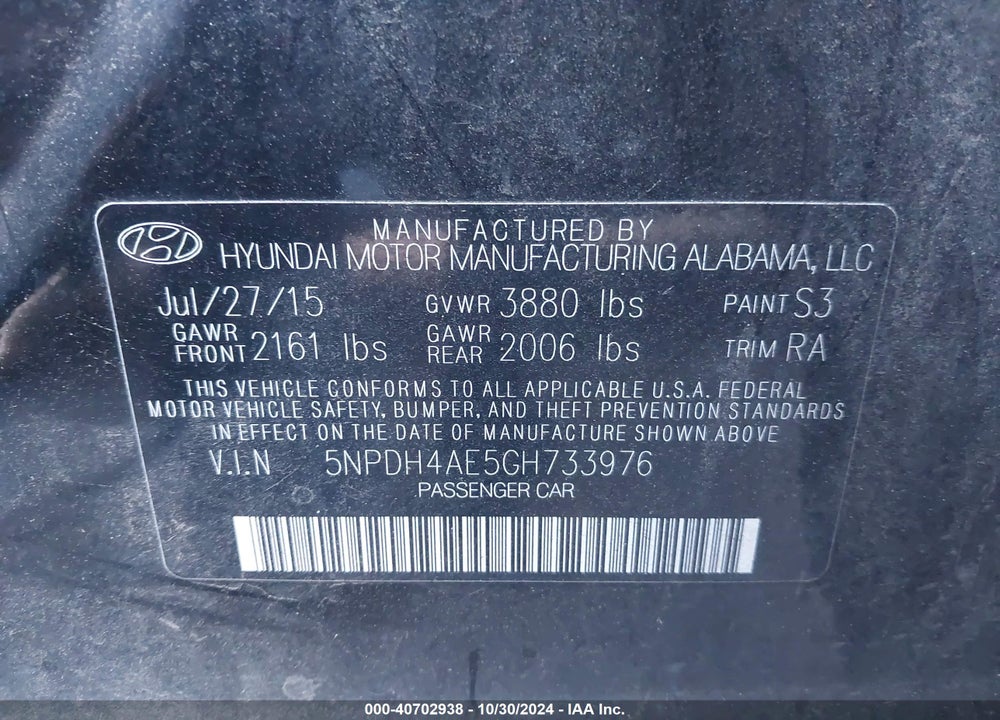 2016 HYUNDAI ELANTRA SE VIN: 5NPDH4AE5GH733976