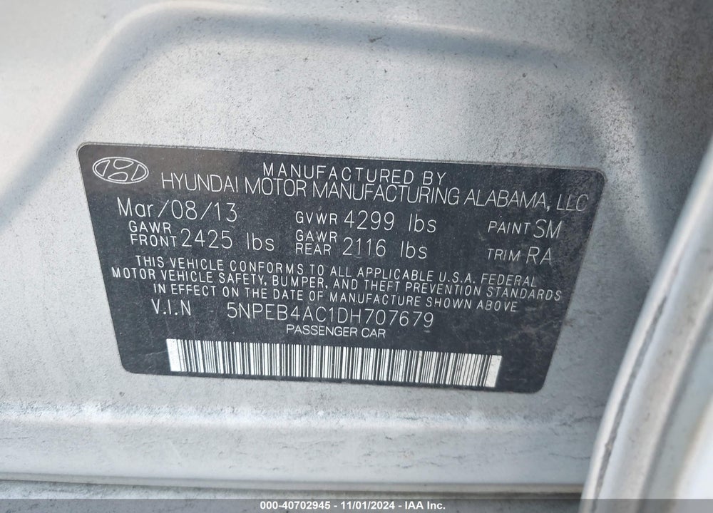 2013 HYUNDAI SONATA GLS VIN: 5NPEB4AC1DH707679