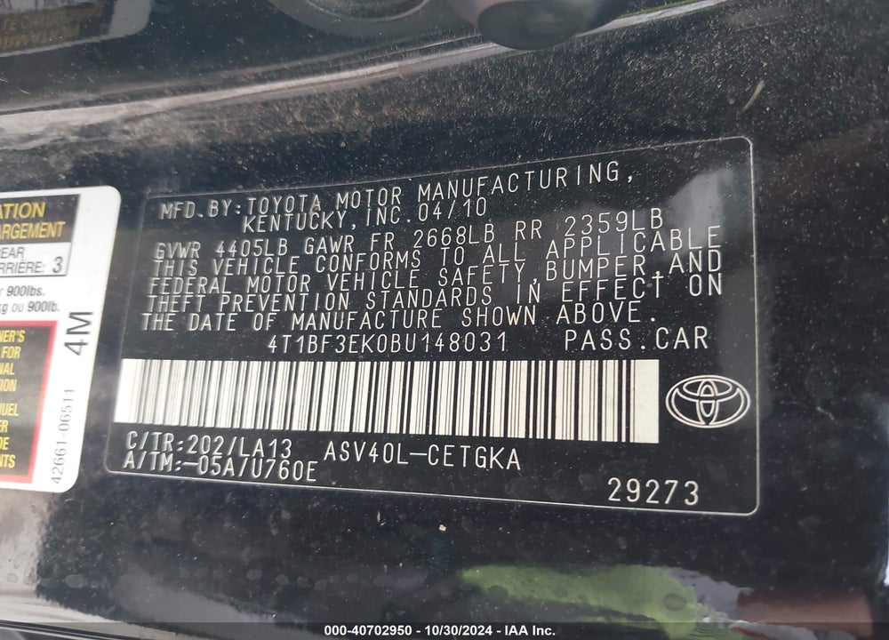 2011 TOYOTA CAMRY XLE VIN: 4T1BF3EK0BU148031