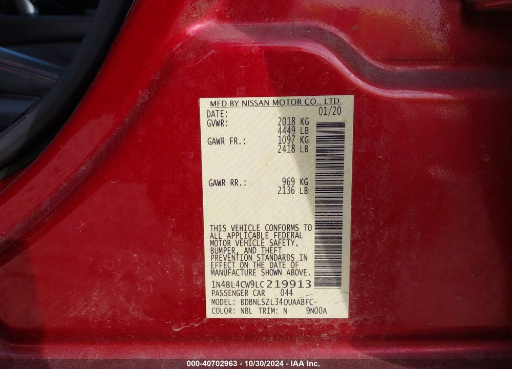 2020 NISSAN ALTIMA SR INTELLIGENT AWD VIN: 1N4BL4CW9LC219913