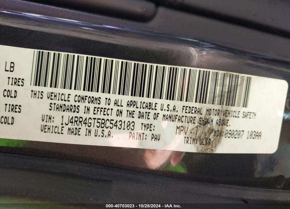 2011 JEEP GRAND CHEROKEE LAREDO VIN: 1J4RR4GT5BC543103