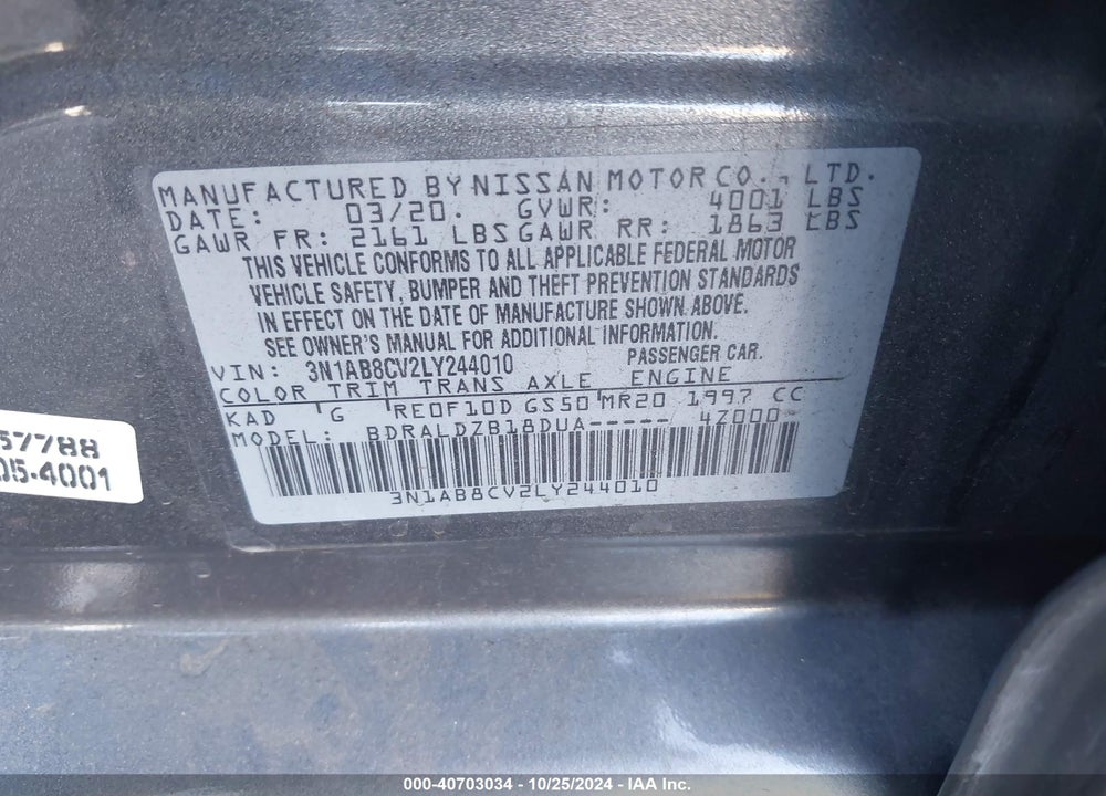 2020 NISSAN SENTRA SV XTRONIC CVT VIN: 3N1AB8CV2LY244010