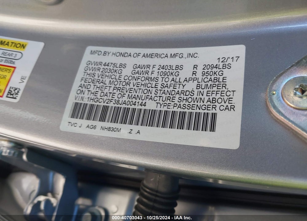 2018 HONDA ACCORD SPORT 2.0T VIN: 1HGCV2F38JA004144