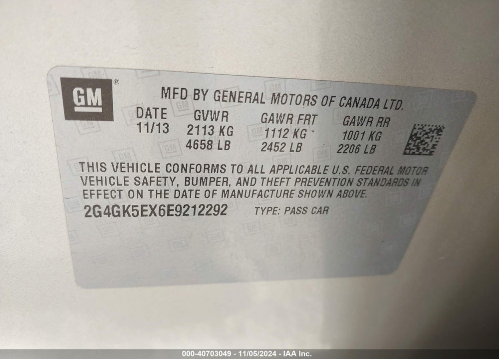 2014 BUICK REGAL TURBO VIN: 2G4GK5EX6E9212292