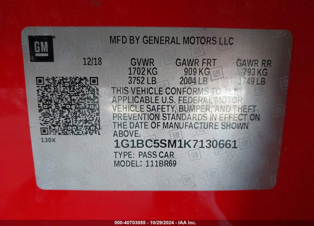 2019 CHEVROLET CRUZE LS VIN: 1G1BC5SM1K7130661