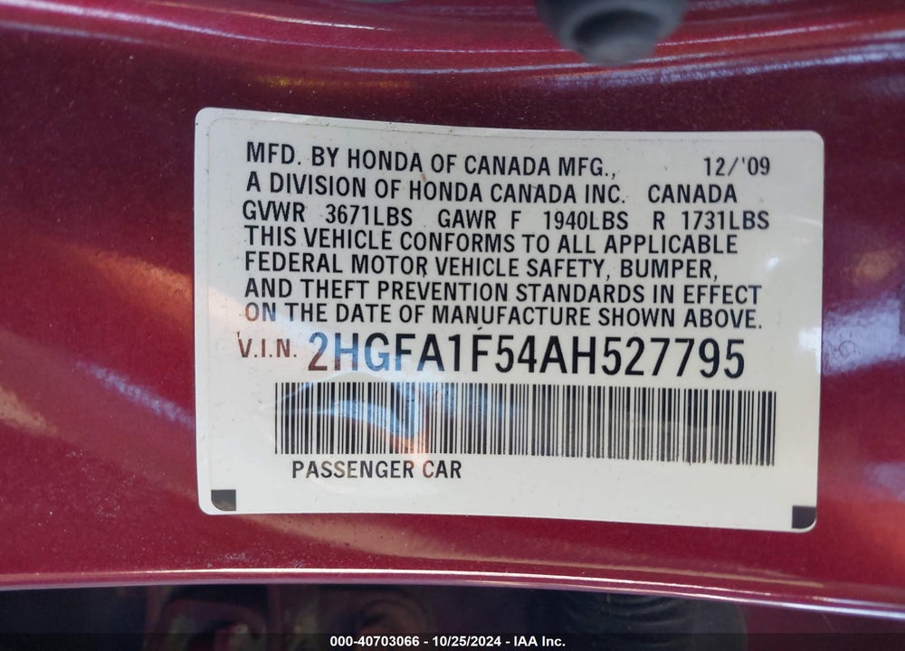 2010 HONDA CIVIC LX VIN: 2HGFA1F54AH527795