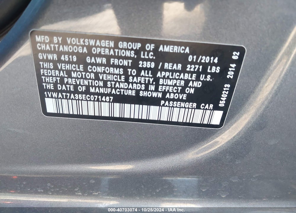 2014 VOLKSWAGEN PASSAT 1.8T S VIN: 1VWAT7A35EC071467