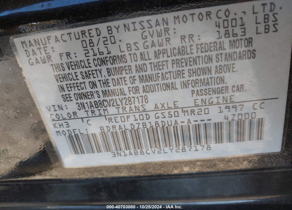 2020 NISSAN SENTRA SV XTRONIC CVT VIN: 3N1AB8CV2LY287178