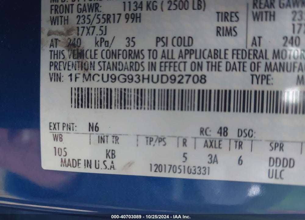 2017 FORD ESCAPE SE VIN: 1FMCU9G93HUD92708
