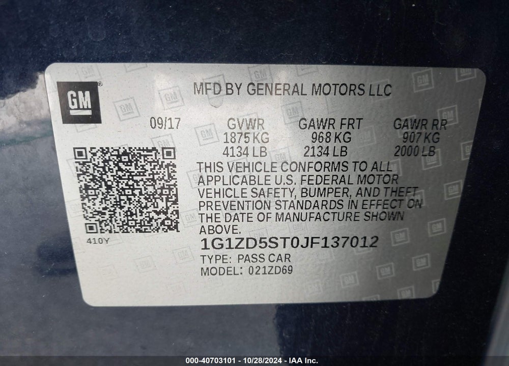 2018 CHEVROLET MALIBU LT VIN: 1G1ZD5ST0JF137012
