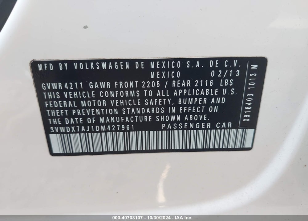 2013 VOLKSWAGEN JETTA VIN: 3VWDX7AJ1DM427961