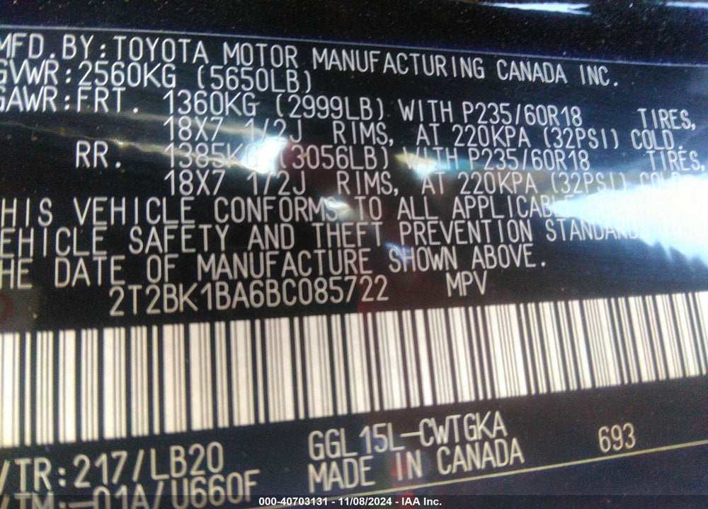 2011 LEXUS RX 350 VIN: 2T2BK1BA6BC085722