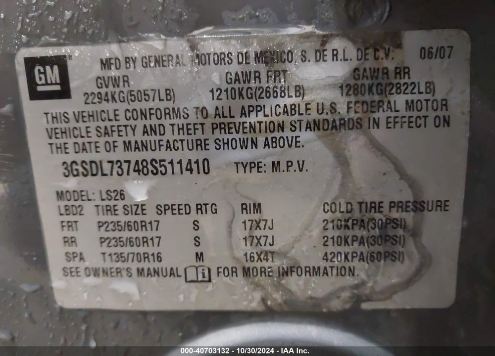 2008 SATURN VUE V6 XR VIN: 3GSDL73748S511410