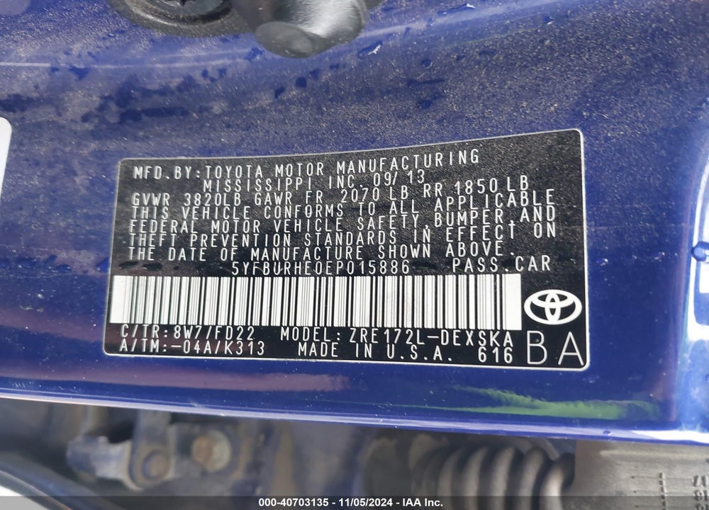 2014 TOYOTA COROLLA S PLUS VIN: 5YFBURHE0EP015886