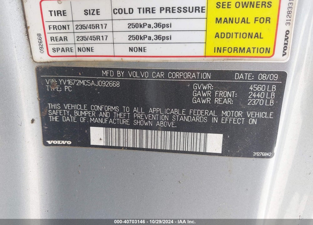 2010 VOLVO C70 T5 VIN: YV1672MC5AJ092668