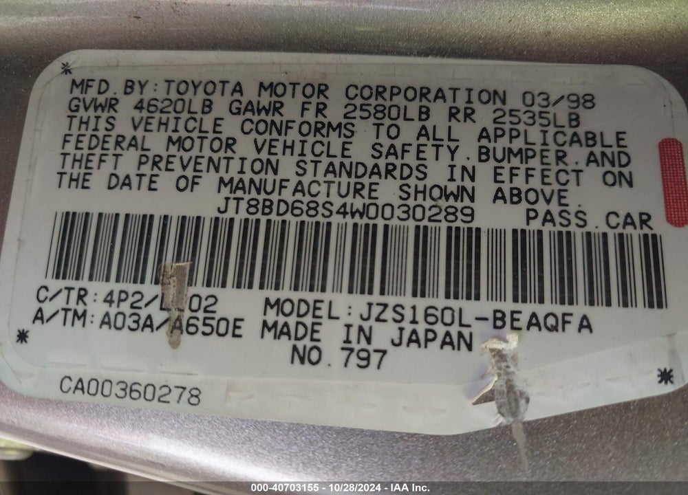 1998 LEXUS GS 300 VIN: JT8BD68S4W0030289