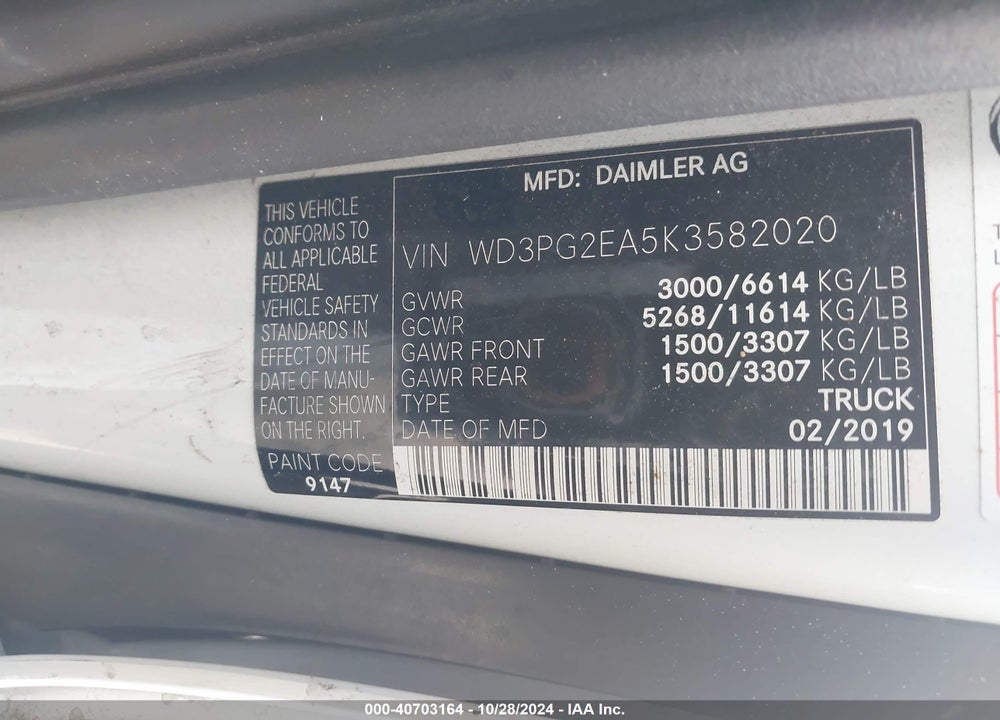 2019 MERCEDES-BENZ METRIS VIN: WD3PG2EA5K3582020