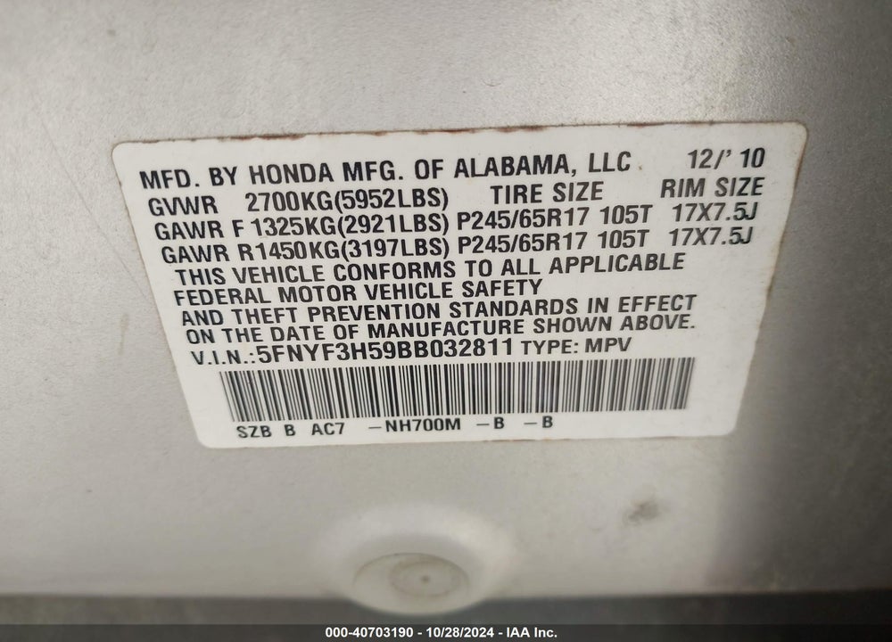 2011 HONDA PILOT EX-L VIN: 5FNYF3H59BB032811
