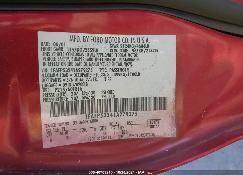 2001 FORD TAURUS SE VIN: 1FAFP53241A279275
