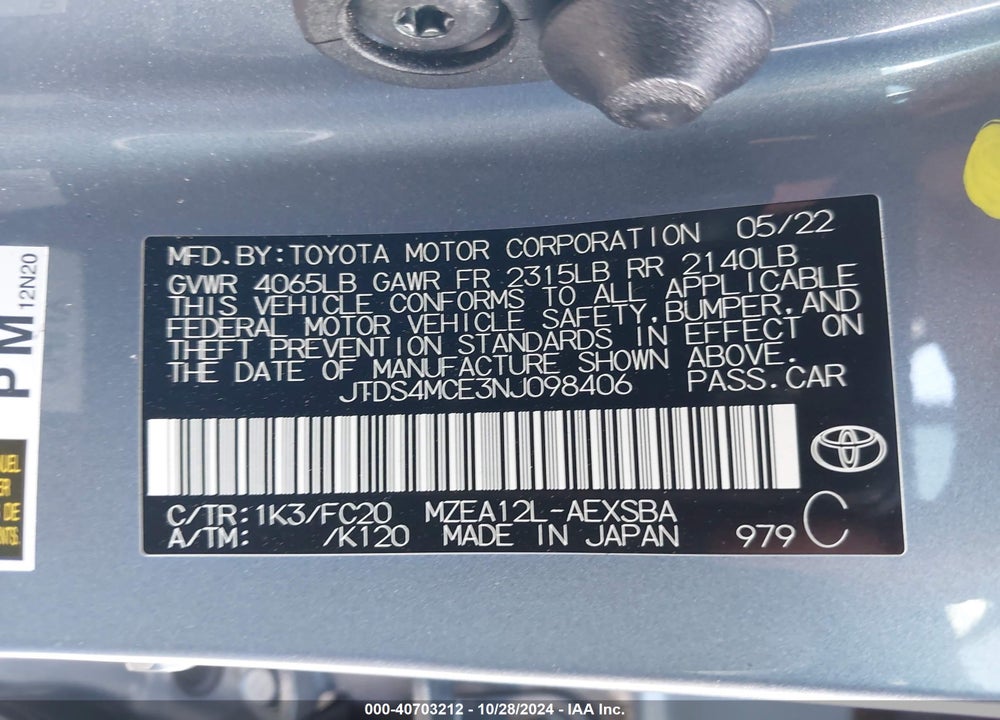 2022 TOYOTA COROLLA SE VIN: JTDS4MCE3NJ098406