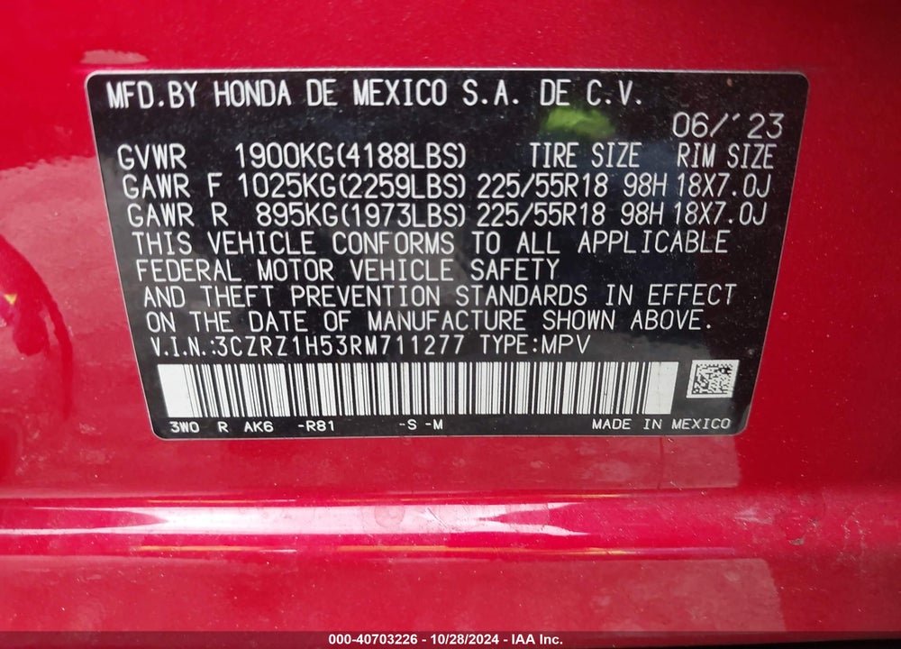 2024 HONDA HR-V 2WD SPORT/2WD SPORT W/O BSI VIN: 3CZRZ1H53RM711277